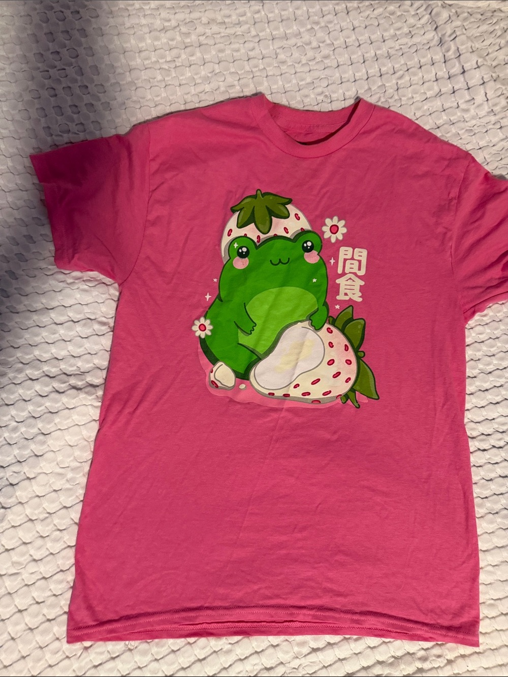 Hot Topic Pink Graphic Tee with Green Frog & Strawberry